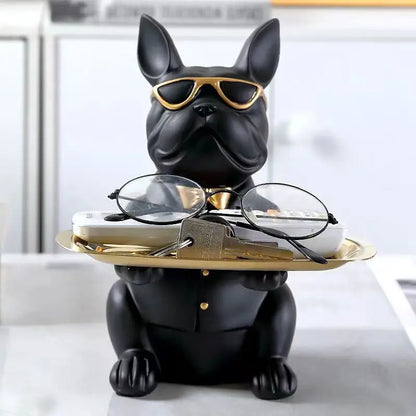 Statue plateau bouledogue en résine créative avec rangement