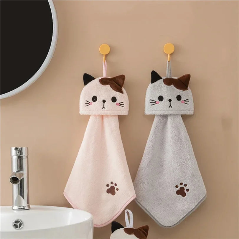 Cute Cat Coral Velvet Hanging Towel